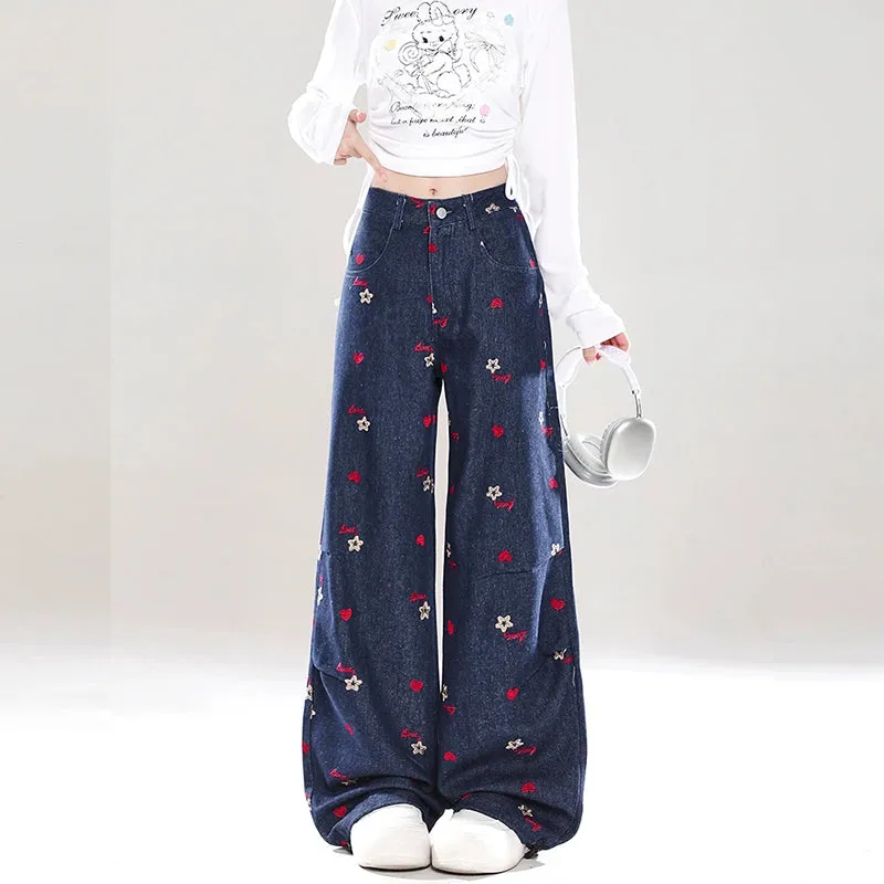 Retro Style Red Small Flower Embroidered Straight Jeans
