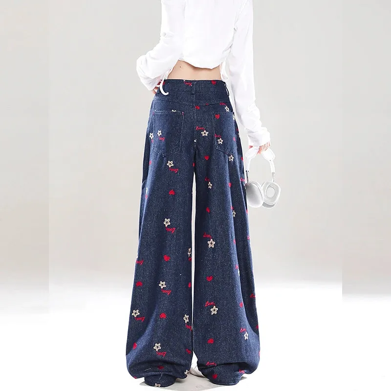 Retro Style Red Small Flower Embroidered Straight Jeans