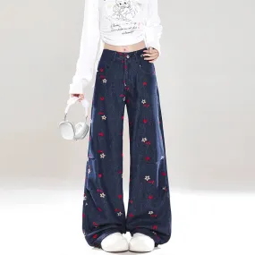 Retro Style Red Small Flower Embroidered Straight Jeans