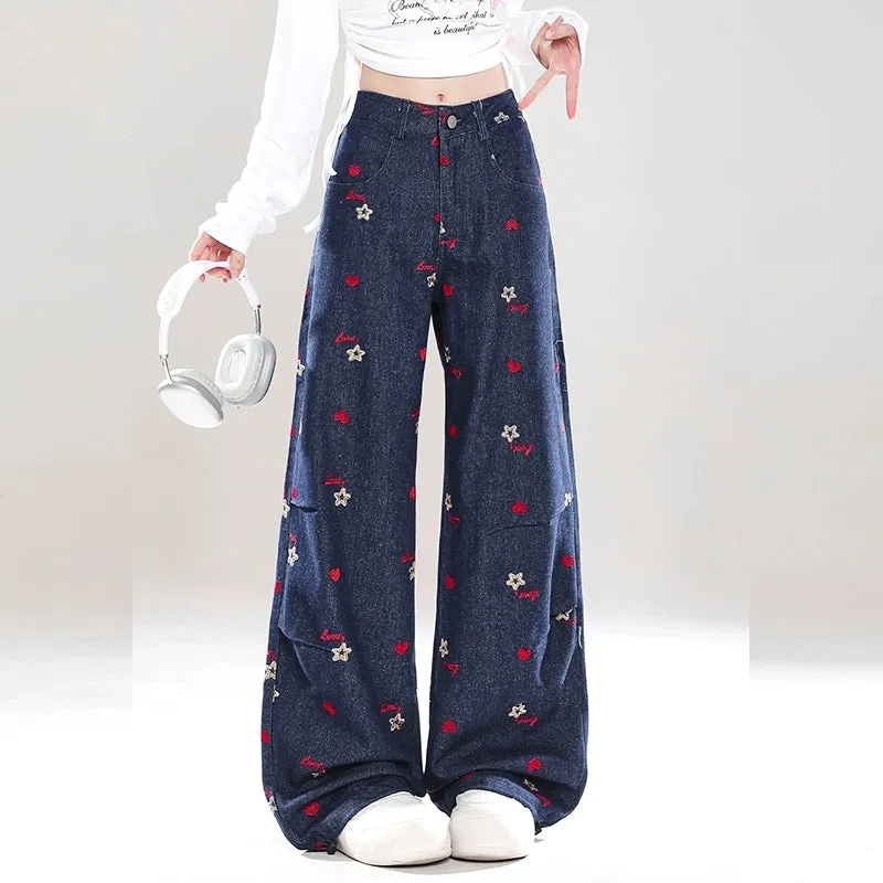 Retro Style Red Small Flower Embroidered Straight Jeans