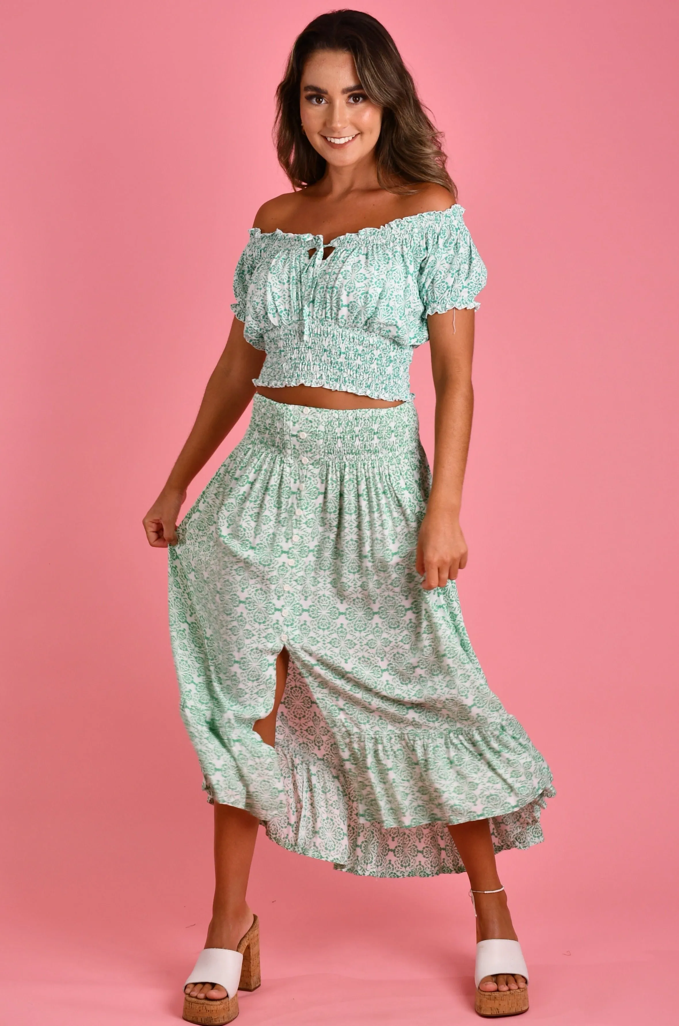 VGLT106 - PEASANT TOP - MEDITERRANEAN SEA GREEN