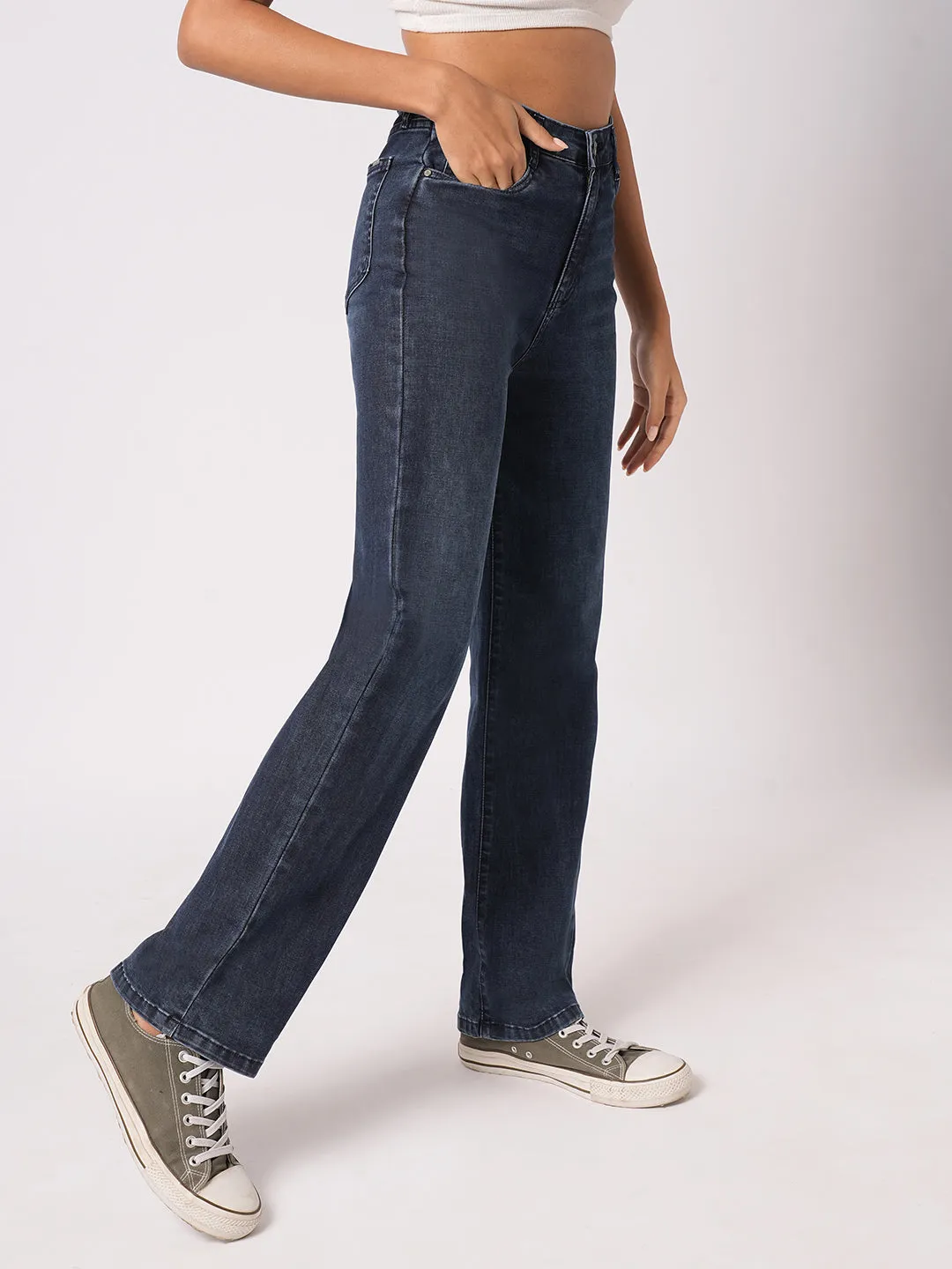 Women Dark Blue High-Rise Loose Straight Jeans