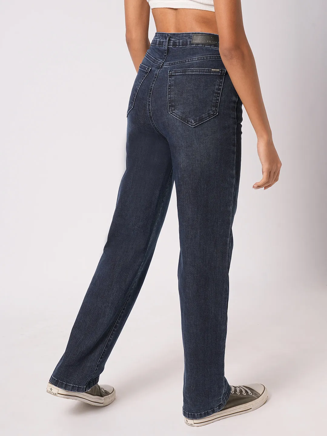 Women Dark Blue High-Rise Loose Straight Jeans
