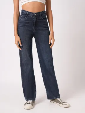 Women Dark Blue High-Rise Loose Straight Jeans