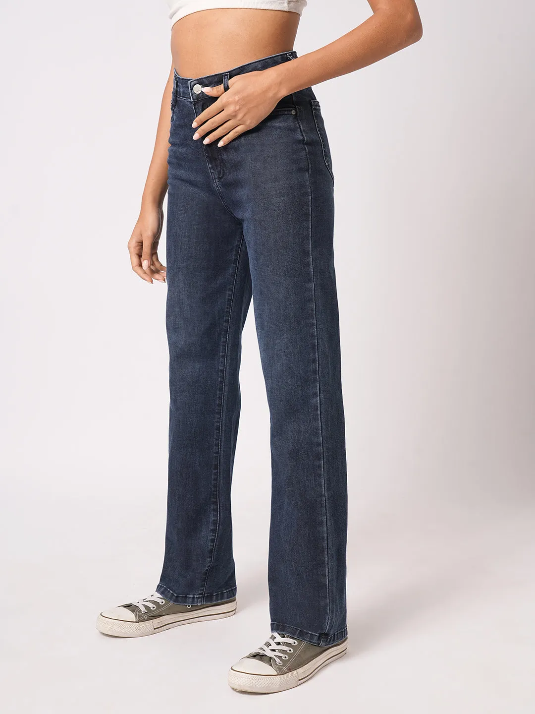 Women Dark Blue High-Rise Loose Straight Jeans